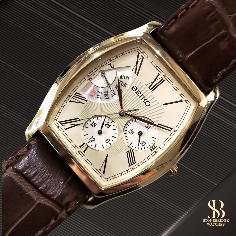 Vintage Seiko Retrograde Triple Calendar Gold Tonneau 5Y66-0AF0
